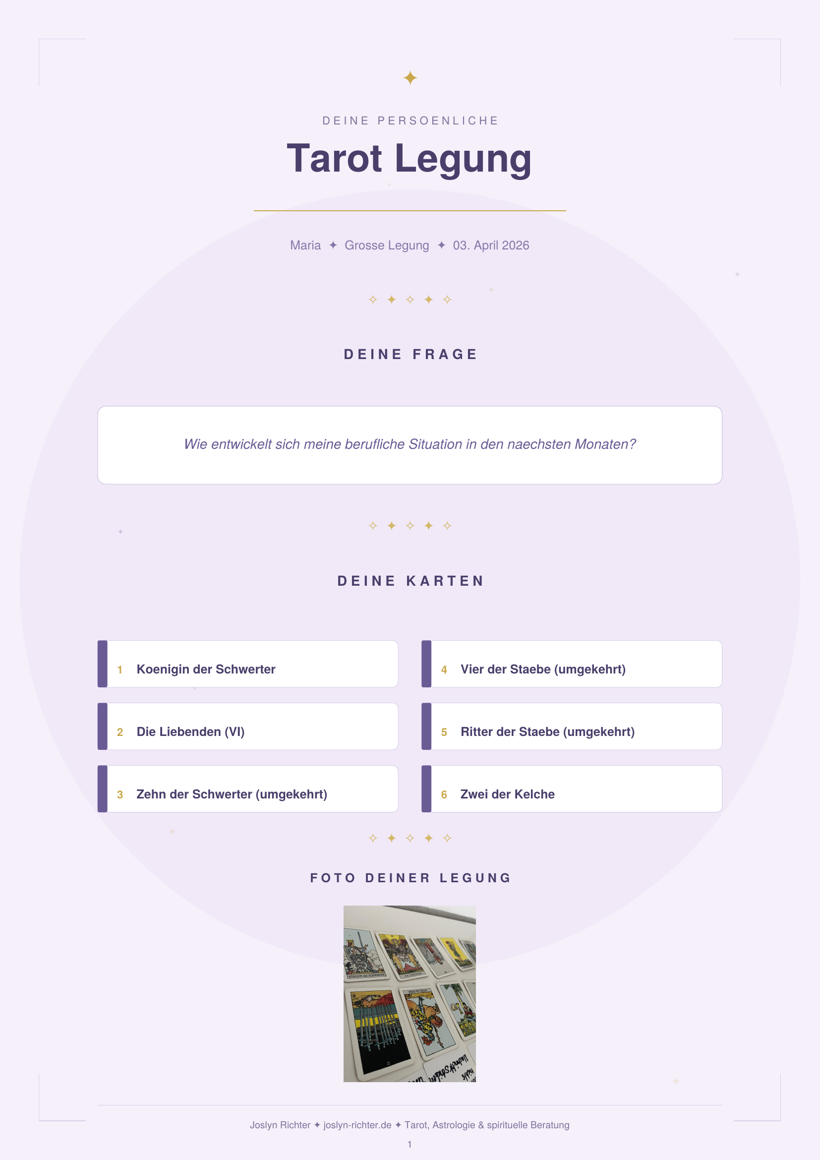 Tarot Legung – Deckblatt mit Karten